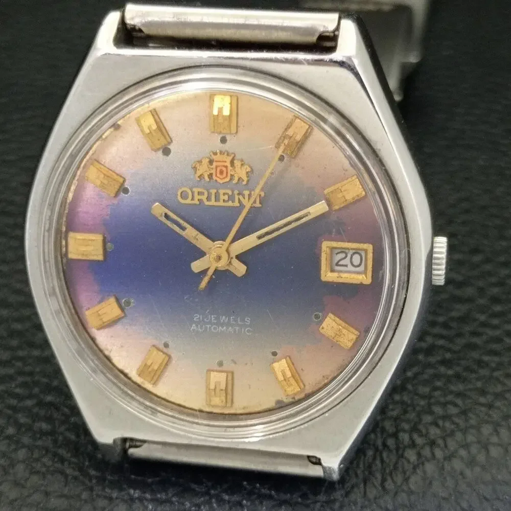 Vintage 1982 Orient Automatic Mens Silver Watch W/daydate & Blue accents
